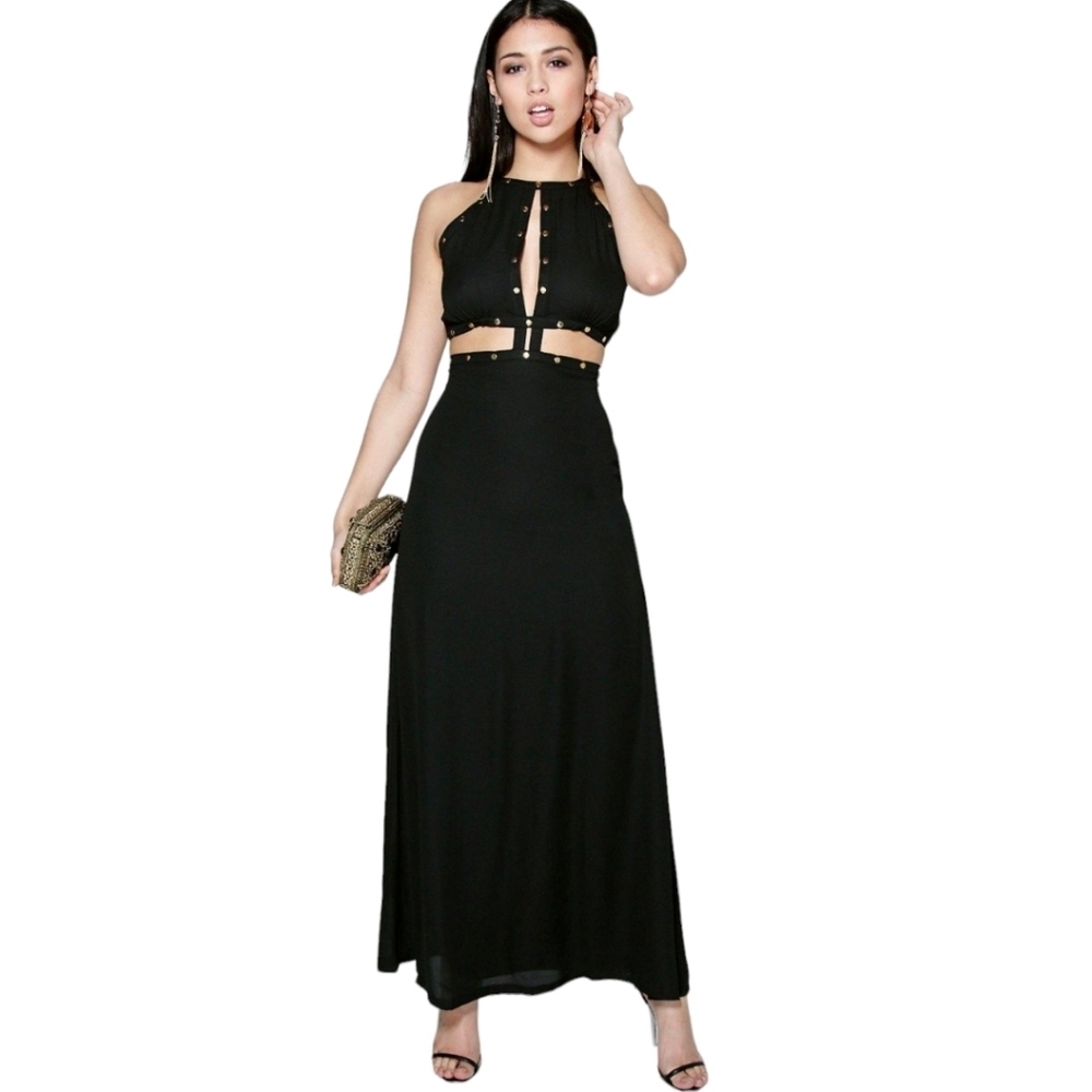 Black Boohoo Cut Out Cage Gown